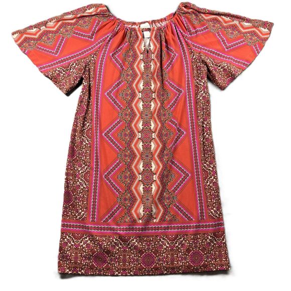 Chicos Mixed Print Boho Dress Flutter Sleeves Flirty Orange Pink Size 1/Med E154 - Picture 1 of 9